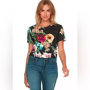 Johnny Was Laustef Floral Short Sleeve Shirt Size XS Black Combo Modal Blend